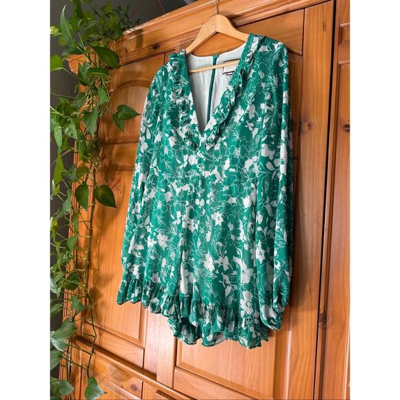 Alexis Green & White Floral Long-Sleeve Ruffle Romper SZ L - Picture 3 of 12